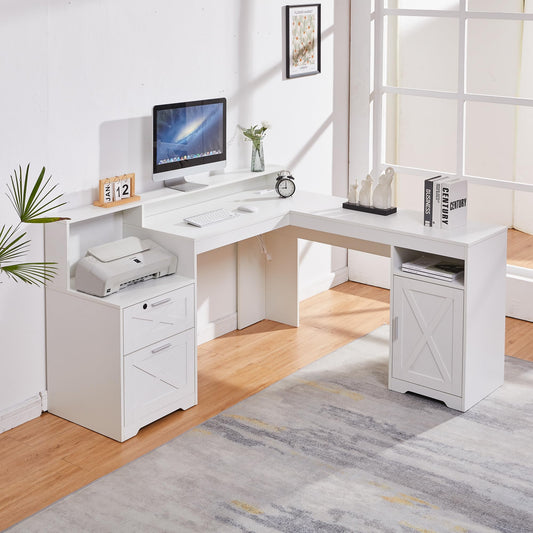 boknight 60" L Shaped Executive Desk with Printer Space,Corner Computer Desk with Power Outlets,Lockable Drawers & Adjustable File Cabnet,L Shaped Office Desk with Monitor Stand (White)
