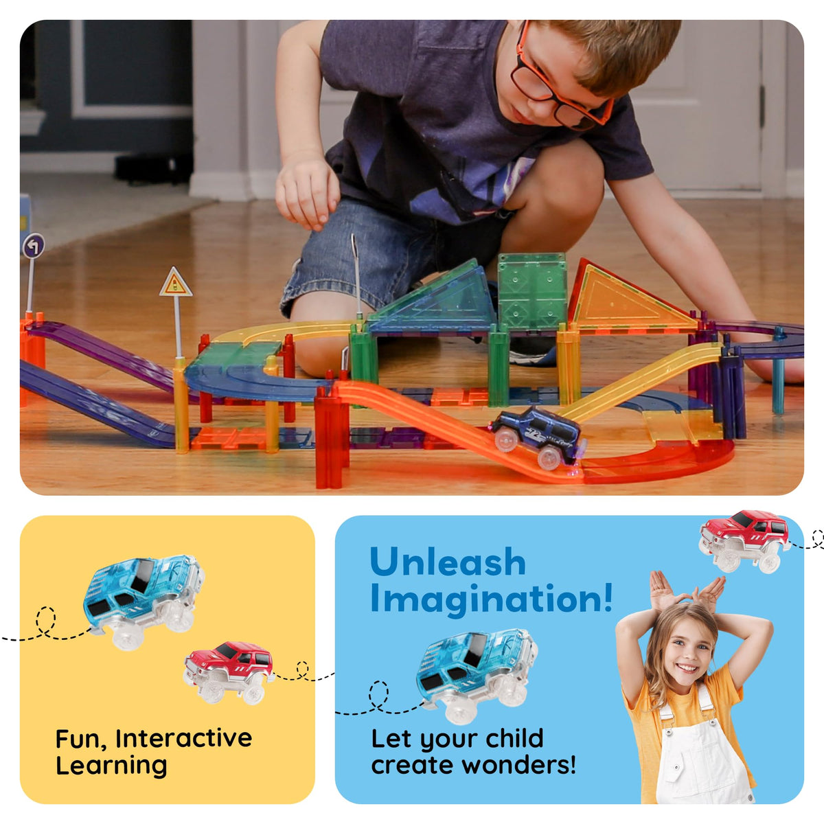 PicassoTiles Magnetic Tiles Race Track Car Thrilling Toy Playset Includes 2 Racing Trucks STEM Educational Magnet Tile Building Block Construction Set for Toddlers Boys Girls Ages 3 and Older PTR30