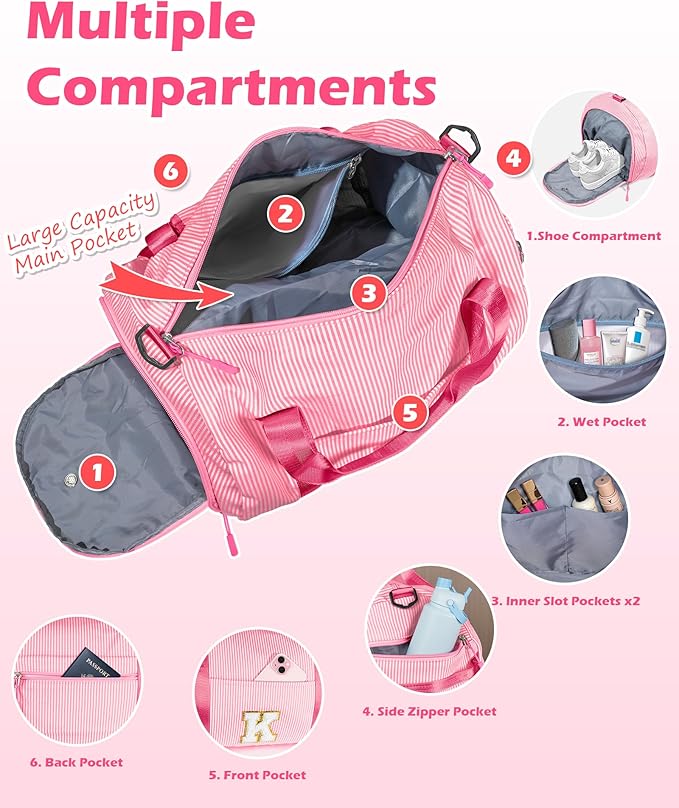 Gifts for Teenage Girls, Girl Gym Bag, Kids Initial Overnight Duffel Bags with Shoe Compartment, Personalized Travel Bag with Makeup Pouch, Cute Stuff for Daughter Niece Sister (Letter E)