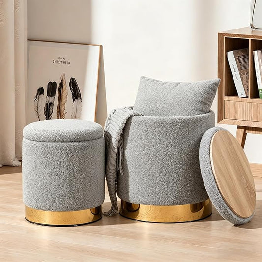 YYW HOME Sherpa Round Ottoman Set of 2 with Storage, 12 Gallon Hidden Storage Ottoman, Multi-Functional Footrest Stool, Vanity Seat, Coffee Table, No Assembly Required, Holds 300lbs (Gray)