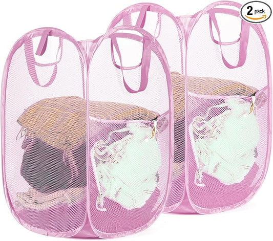 2 Pack Strong Mesh Pop-up Laundry Hamper, Quality Pop Up Hampers for Laundry with Durable Handles Solid Bottom High Carbon Steel Frame, Easy to Open and Fold Flat for Storage(Light Pink)