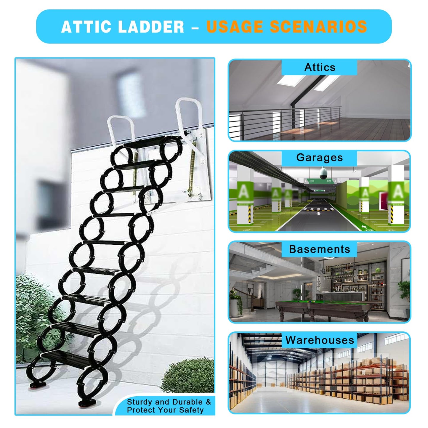 12 Steps Wall-Mounted Attic Ladder, Attic Pull Down System, Retractable Ladders for Loft, Metal Folding Attic Ladder Telescoping Steps, Pull Down Stairs for Attics Garages Roofs (White, 12 Step)