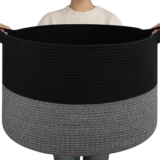 OIAHOMY 90L XXXLarge Blanket Basket for Living Room, 21.7" x 13.8" Woven Cotton Rope Laundry Basket for Organizing Pillows, Decorative Stuffed Animal Toy Storage for Nursery, Black and Grey
