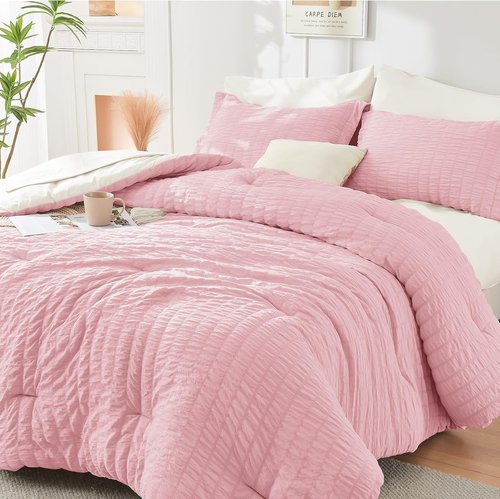 HYMOKEGE Queen Comforter Set - 7-Piece Seersucker Luxury Bedding in Pink/Ivory | All-Season Bed in a Bag