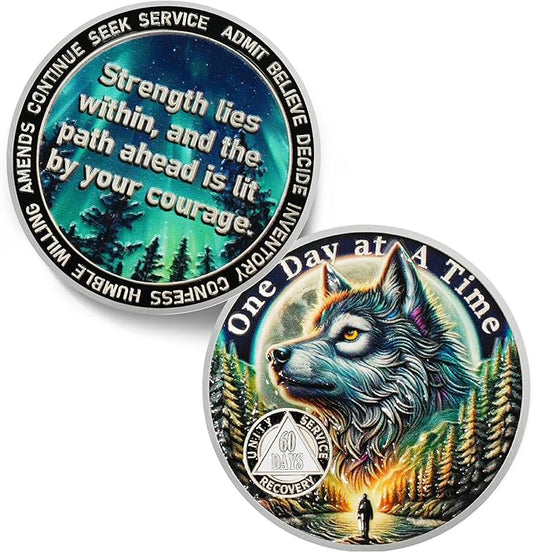 One Day at a Time 60 Day Sobriety Coin - Recovery Aurora Forest Wolf AA Coins - Addiction NA AA Chips and Medallions - Celebrate 1-30 Living Clean Sober Alcoholics Anonymous Gifts for Men Women