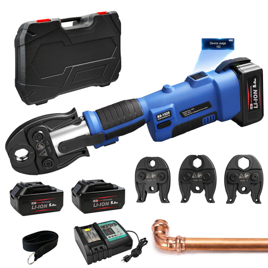 18V Press Tool for Copper Pipe 50kN Battery Powered Electric Hydraulic Pipe Crimping Tools with 1/2", 3/4", 1" Jaw Copper Tube Fittings Crimper Pliers with Brushless Motor