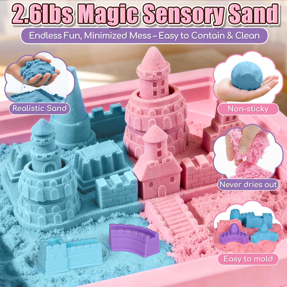 Lehoo Castle Unicorn Sensory Table with Sand, Indoor Outdoor Sand Table with Lid for Toddlers Kids, Upgraded Adjustable Legs, Red & Blue Play Sand Art Kit, Preschool Learning Activities Gifts