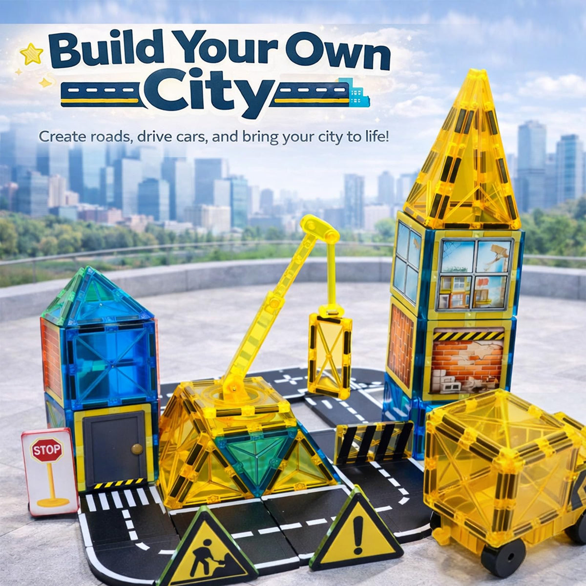 LATI Construction Magnetic Tiles City Set for Kids, Double-Sided Day & Night Building Blocks with Crane, Roads, Traffic Signs & Construction Vehicles, STEM Learning Toy for Boys & Girls Ages 3+