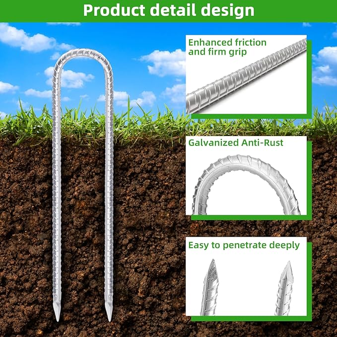 Trampoline Stakes Anchors High Wind 12inx6mm Galvanized U Hook 6pcs Rebar Stakes – Heavy Duty Ground Anchors for Trampoline,Yard & Inflatable,Landscape Metal Stakes for Outdoor Decorations