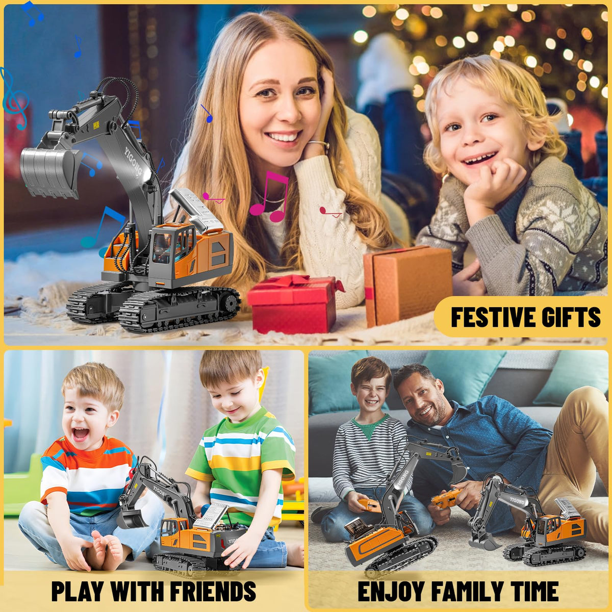 SJYN Remote Control Excavator Toy, 11 Channel RC Construction Digger with Metal Shovel, Lights & Sounds, 2.4GHz Rechargeable All-Terrain Excavator for Kids 3-14, Perfect for Sand, Dirt & Outdoor Play
