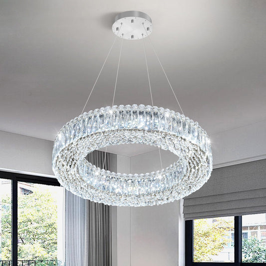 24'' Modern Crystal Chandeliers Large Ring Chandelier for Living Room LED Dimmable Ceiling Light for Dining Room High Ceiling Chandeliers for Foyer Entryway Silver