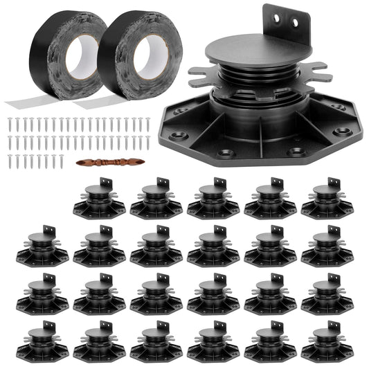 24 Pack Deck Support Pedestal with Joist Tape, Deck Support Plastic Adjustable Height from 1-3/16“ to 2-3/8”, Adjustable Deck Support for WPC Floating Deck Platforms (Unilateral Keel Slot)