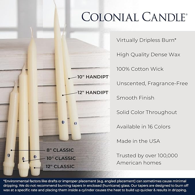 Colonial Candle Unscented Taper Candle, Classic Collection, Evergreen, 12 in, Pack of 12 - Up to 10 Hours Burn