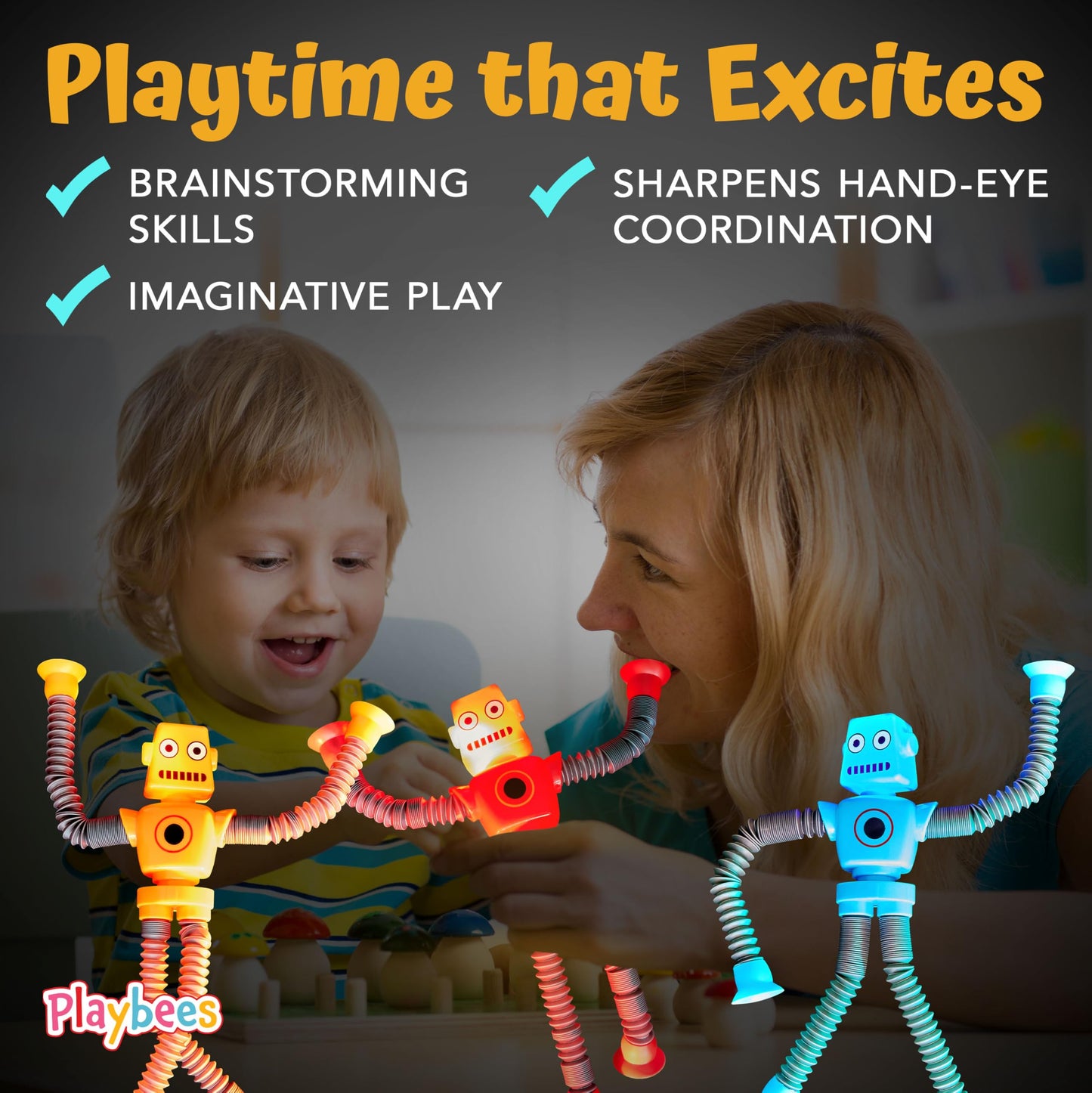LED Telescopic Suction Cup Robot Toys 12PACK - Shape Changing Educational Fidget Toys, Sensory Toys ADHD Autistic, Stimulating Creative Learning Pop Tubes, Robot Party Favors