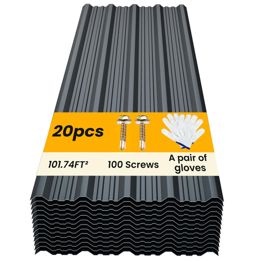 BOBIBAN 20 pcs Metal Roofing Panels - Corrugated Galvanized Roof Panels L41.34x W17.72 Inch, Waterproof Tin Roof Sheets for Garages,Sheds, Stables and Mobile Homes, Includes Screws(Grey,L41.34''-20)