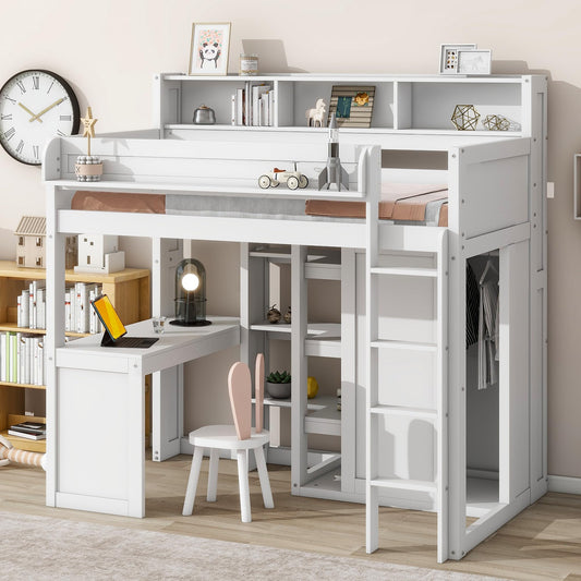 Ball & Cast Twin Size Loft Bed with Big Storage Under-Bed Desk & Staircase,Wooden Bedframe W/Integrated Wardrobe,Drawers & Shelves,Space-Saving,Modern Furniture for Boy Girl Teens Small Bedroom,Gray