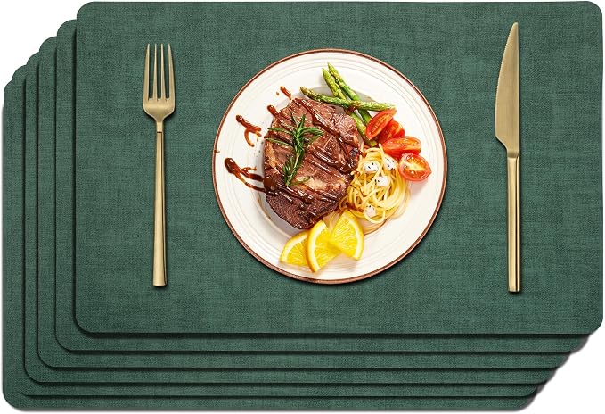 Maxpearl Faux Leather Placemats Set of 6 - Waterproof - Wipe Clean - Heat Resistant - Anti Slip Dining Table Place Mats, Suitable for Indoor & Outdoor Use, 17ââÃ12ââ, Dark Green