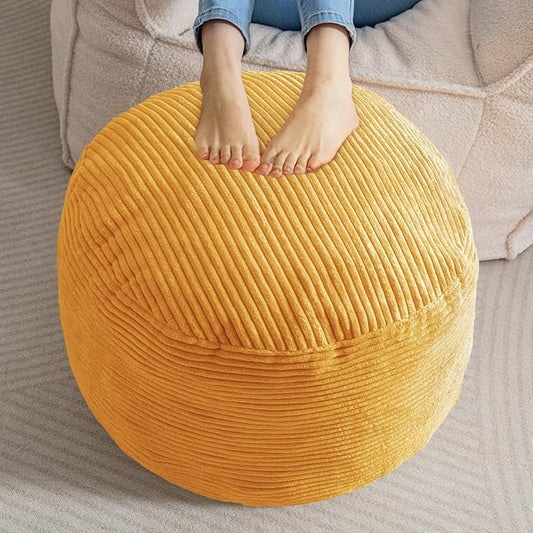 HIGOGOGO Round Stuffed Pouf Ottoman, Corduroy Poufs with Foam Chunk Filling, Furry and Fluffy Pouf Foot Stool Storage Ottoman, 20 X 15 Floor Poufs Foot Rest for Living Room, Orange
