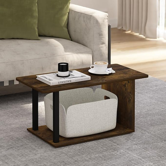 Furinno Basic Coffee Table, 2-Tier Modern Coffee Table with Open Shelf, Easy Assembly Side Table, for Living Room, Bedroom, Home Office, Amber Oak