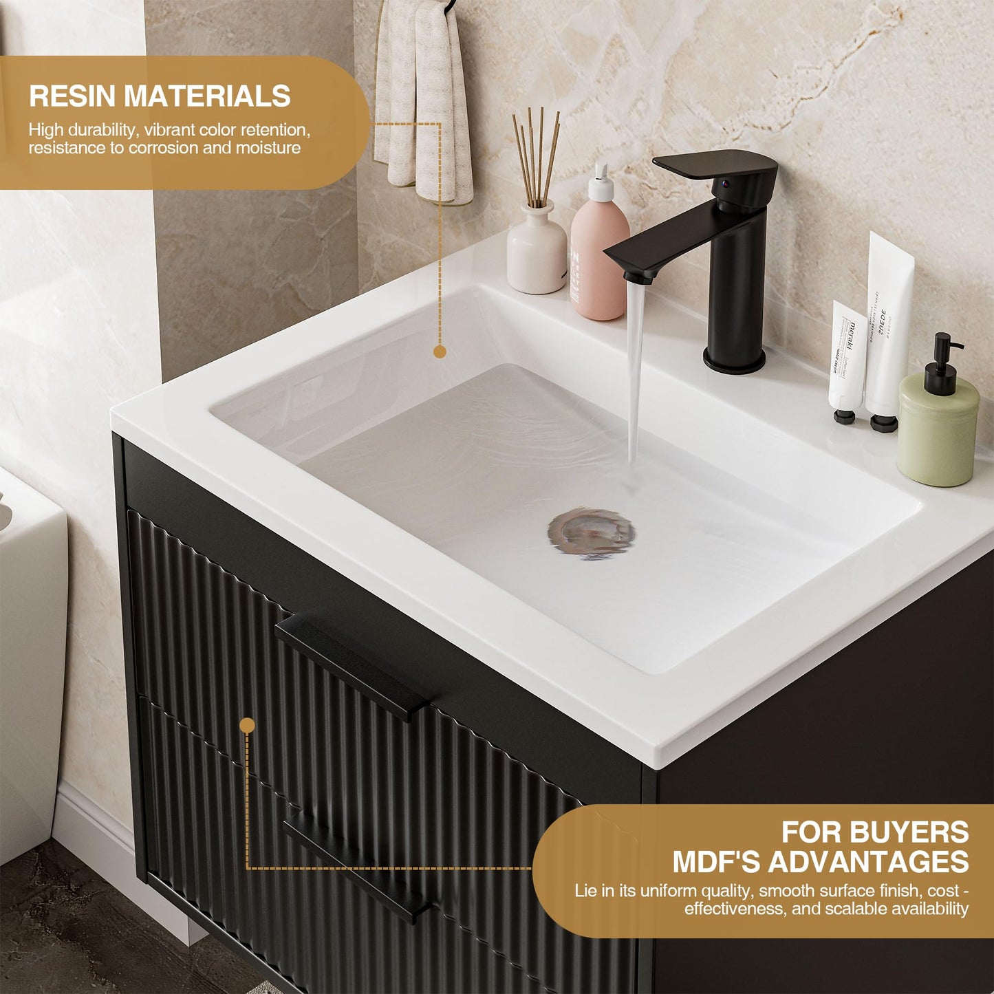 24 Inches Modern MDF Bathroom Vanity with Sink, Wall Mounted Floating Cabinets w/Double Drawers, Black Handles, White Resin Sink Combo Set (Black, 24")