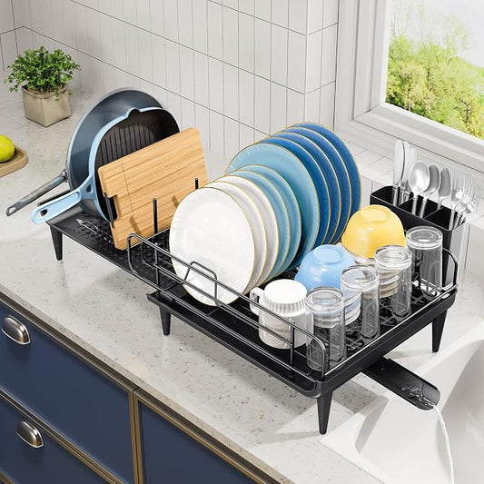 TOOLF Large Dish Drying Rack, Expandable Dish Rack for Kitchen Counter, Multifunctional Dish Drainer, Organization and Storage Essentials with Cup & Cutlery Holders, 16.7"-26.8" L x 12.6" W, Black
