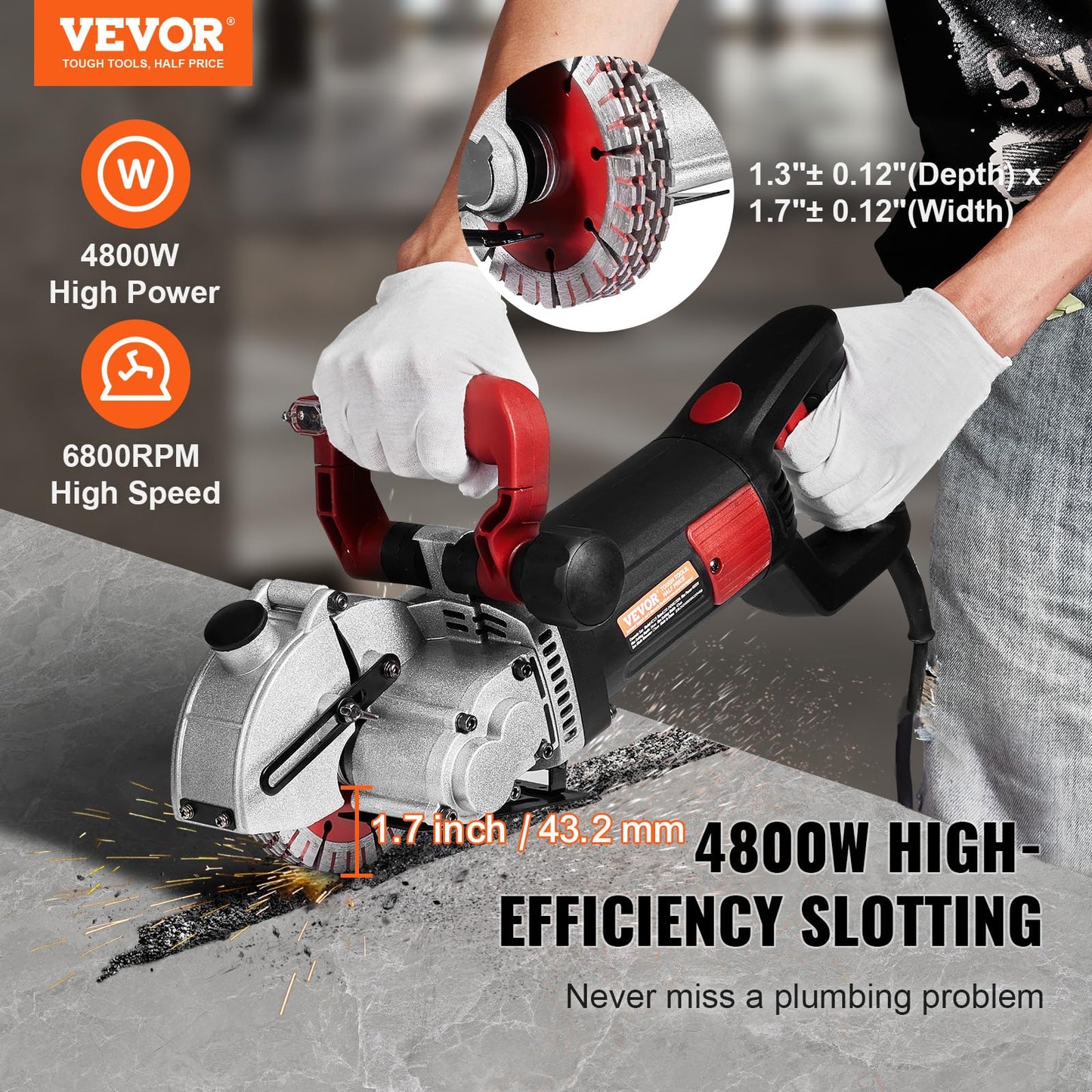 VEVOR Wall Chaser Concrete Cutter 4800W (with 5 X 5" Saw Blades Dustproof and Line Infrared Sighting) for Marble Concrete Granite and Bricks Walls