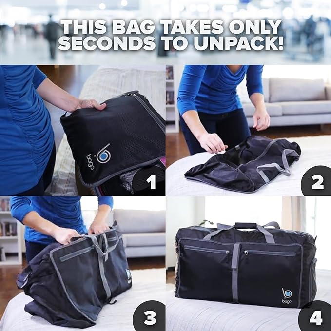 Bago Foldable Duffel Bags for Traveling Women & Men - 40L Sports Packable Duffle Bag for Travel with Shoe Compartment - Water Repellant, Heavy Duty, Lightweight Folding & Collapsible (SnowDepBlue)
