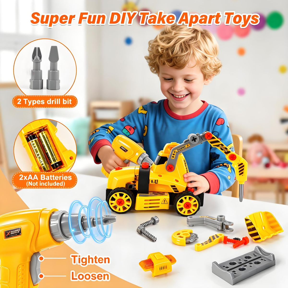 FLY2SKY Take Apart Toys for 3 4 5 6 7 8 Year Old Boys 9 in 3 Construction Toy with Electric Drill Take Apart Truck Set DIY Engineering Building Toy Push & Go STEM Toy Gift for Boys Toys Age 6-8
