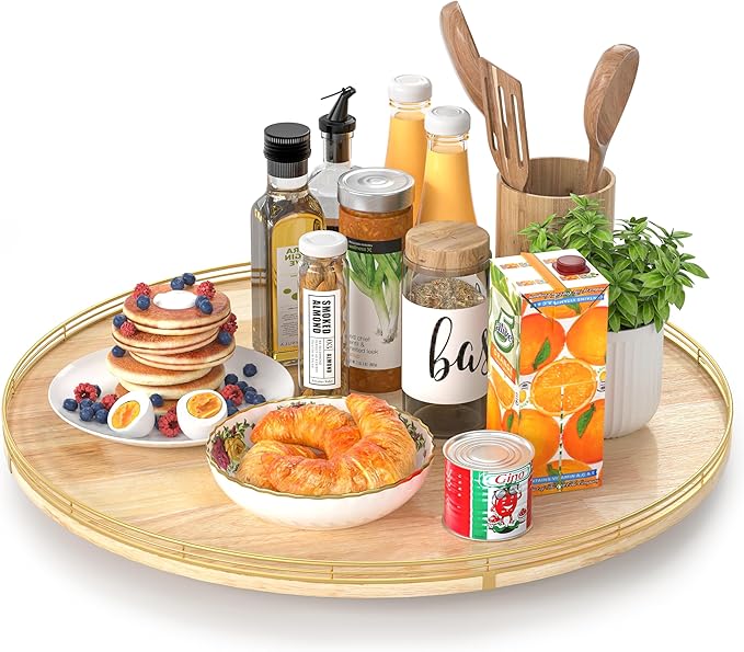 24 Inch Extra Large Lazy Susan Turntable - Premium Solid Oak Wood & Iron | Rustic Farmhouse Rotating Tray for Dining Table, Kitchen Countertop, Centerpiece Decor | Smooth 360Â° Spin | Durable & Stylish