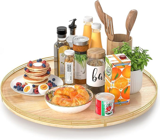 24 Inch Extra Large Lazy Susan Turntable - Premium Solid Oak Wood & Iron | Rustic Farmhouse Rotating Tray for Dining Table, Kitchen Countertop, Centerpiece Decor | Smooth 360Â° Spin | Durable & Stylish