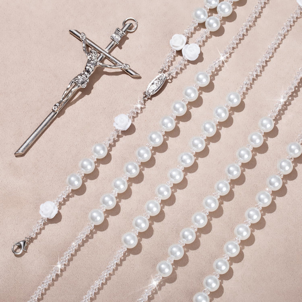 FUNPAR Lazo Para Boda, Pearl Wedding Lasso for Ceremony Catholic Gift, Rosario Lazos Para Boda Catolica, Lazo De Bodas Para Los Novios, Lasso for Wedding Ceremony, Wedding Pearl Rosary(Silver)