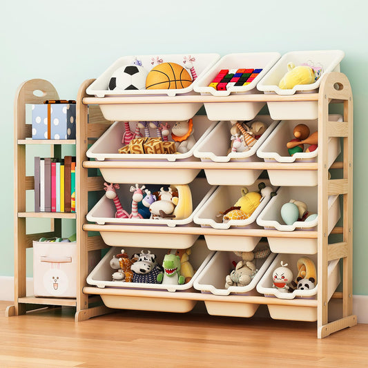 Toy Storage Organizer, Wooden Toy Organizers and Storage with Bookshelf, Toy Storage Shelf with 3 Shelves and 12 Storage Bins, Kids Bookshelf for Playroom, Nursery, Bedroom, Bookcase for Kids, White