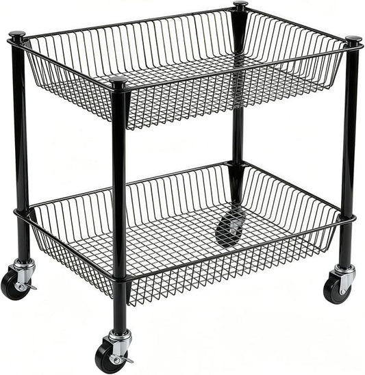 2 Tier Rolling Pantry Cart on Wheels Thick Metal Pantry Floor Organizer Small Utility Cart for Small Space, Fruit Vegetables Rack for Kitchen, Under Desk Storage Onion Potato Storage Basket, Black