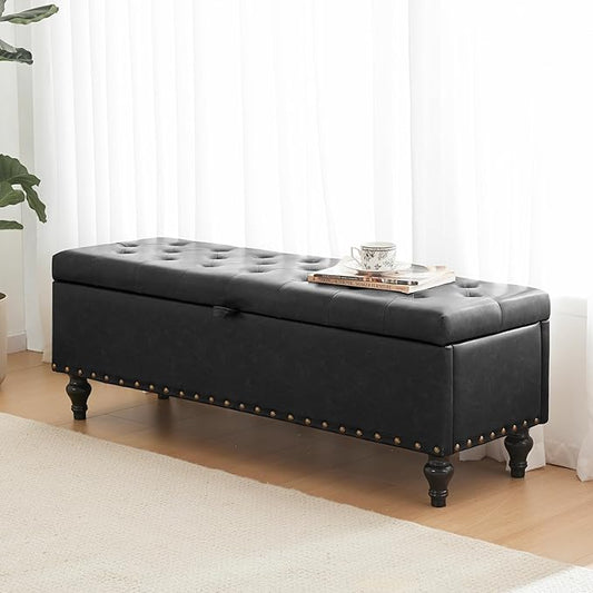 Mangodan 50" Storage Ottoman Bench, Tufted Ottoman with Storage for Living Room, Large End of Bed Ottomans, Modern Entryway Benchs, Window & Bedroom Benches for Foot of Bed (Black)