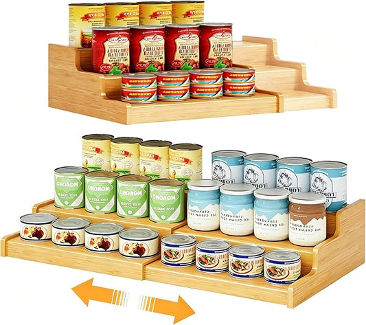 Expandable Bamboo Can Storage Display for Pantry, Easy-Access 3-Tier Adjustable Can Organizer Shelf for Cabinets, Canned Goods & Food Storage, Soda Can Organizer Holds Up to 24 Cans (Patent Pending)