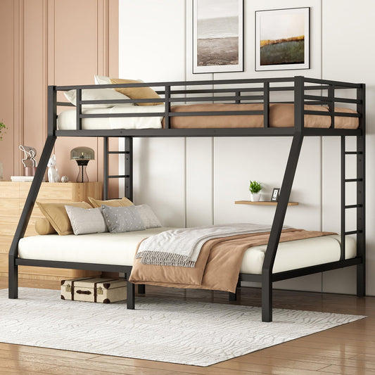 Bellemave Metal Bunk Bed Twin XL Over Queen with Ladder ＆ Full-Length Guardrails, Heavy Duty Bunk Bed Frame with Sturdy Slats, Twin XL Over Queen Bunk Beds, Noise Free, No Box Spring Needed, Black