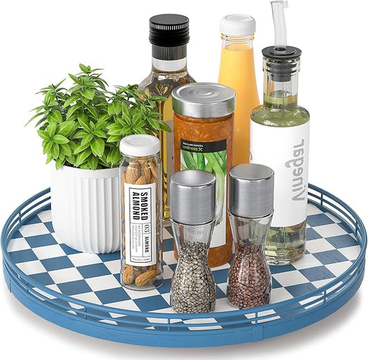 Premium Rubber Wood Lazy Susan Turntable, Blue White Checkerboard Decorative Serving Tray, Hand-Welded Metal Railing, Stable Rotating Organizer for Dining Table, Kitchen Counter, Coffee Table Decor