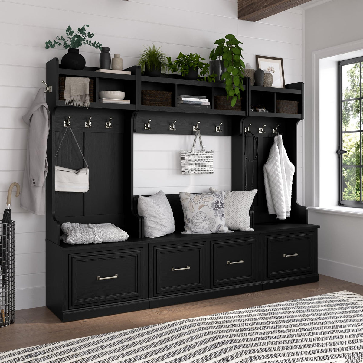 Bush Home Woodland 40W Shoe Storage Bench with Doors and Wall Mounted Coat Rack in Black Suede Oak | Foyer, Mudroom, Entryway Organizer