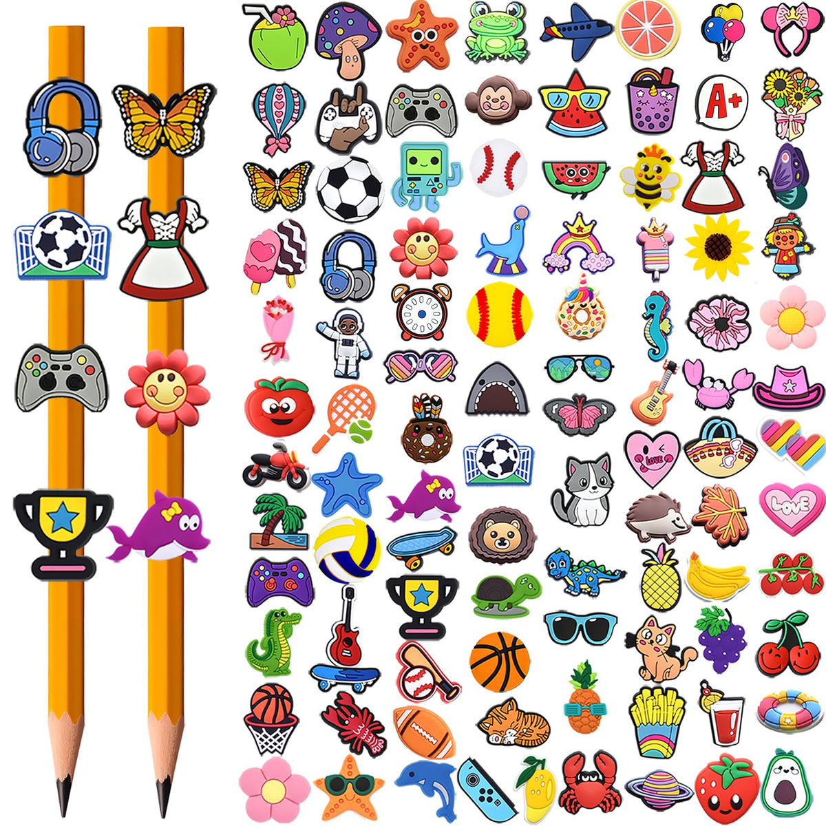 JRONGHE 100PCS Pencil Toppers,Cute Pencil Charms for Kids Classroom Prizes & Decorations for School Supplies, Classroom Rewards Kids Incentives