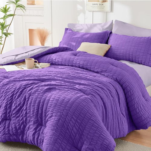 HYMOKEGE Twin Comforter Set - Dark Purple & Lavender Seersucker | 5-Piece All-Season Luxury Bedding Set