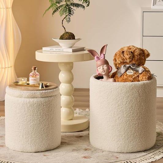 BLEXA Round Ottoman with Storage Set of 2-Upholstered Sherpa Vanity Stool for Makeup Multifunctional Ottomans Coffee Table Padded Seat Foot Rest for LivingRoom&Bedroom(Sherpa White)