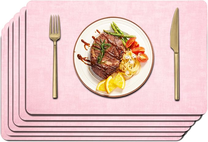 Maxpearl Faux Leather Placemats Set of 6 - Waterproof - Wipe Clean - Heat Resistant - Anti Slip Dining Table Place Mats, Suitable for Indoor & Outdoor Use, 17ââÃ12ââ, Pink