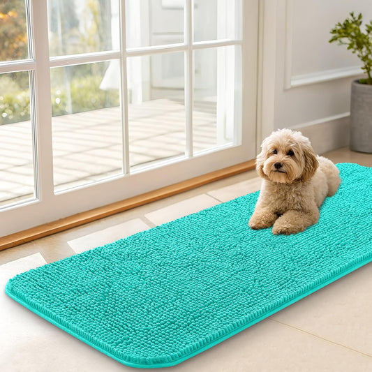 OLANLY Dog Door Mat - Absorbent Non-Slip Chenille for Muddy Paws | 47x17 Inches, Quick Dry, Teal