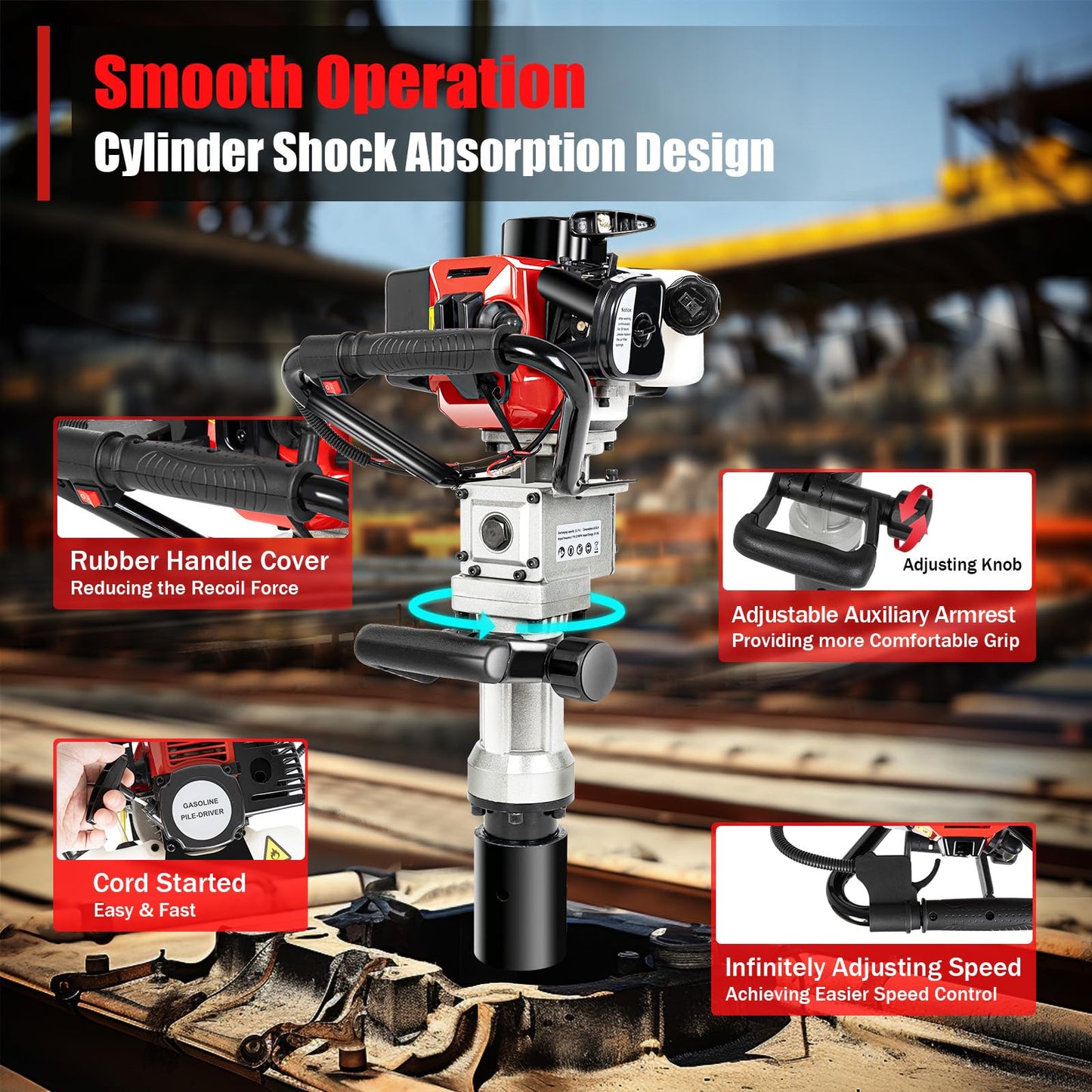 Dfmyhked‌ 32.7CC Gas Powered T Post Driver, 2 Stroke Single Cylinder Tpost Driver, 900W Fence Post Hole Digger, Heavy Duty Hammer Drill Pile Driver for Farm, Ranch & Landscaping