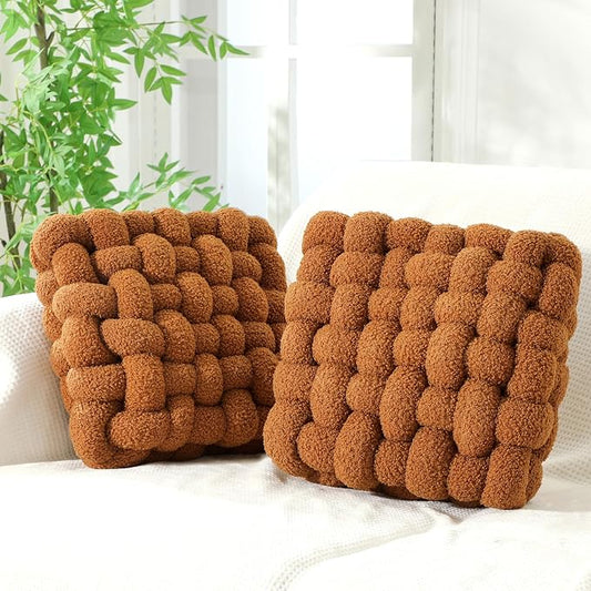 Wenqik 2 Pcs Knot Pillows Square Knotted Plush Throws Soft Accent Pillows Decoration Cushion for Couch Home Office Living Room Bedroom Bed Sofa Decor, 12'' x 13''(Caramel,Lambswool)
