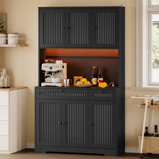 BORNOON Pantry Cabinet with Charging Station and Light, Tall Kitchen Pantry Storage Cabinet with Microwave Stand, Wide Fluted Kitchen Hutch with Storage Drawers and Adjustable Shelves for Dining Room