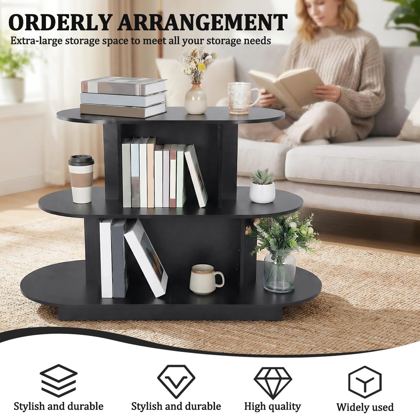 3 Tier Wooden Oval Display Table Modern Standing Display Riser Shelf Retail Table for Stores Vendor Events 55in W x 23.6in D x 35in H