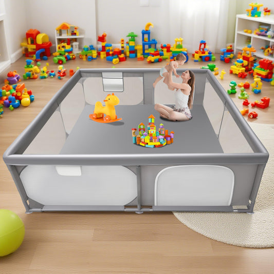 Baby Playpen 79"x79" Extra Large Play Pen for Babies and Toddlers, Safety Baby Play Yard & Fence with Dual Zipper Doors, Dual Storage Mesh Pockets, and Fully Transparent Sides