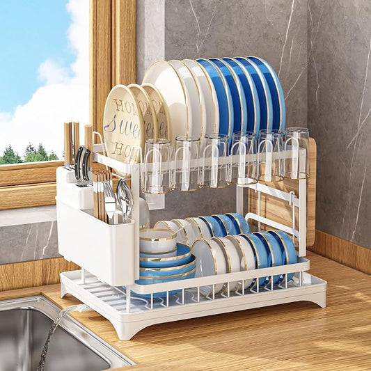 AIDERLY Dish Drying Rack for Kitchen Counter 2 Tier Iron Dish Drainer with Removable Cutlery Basket, White
