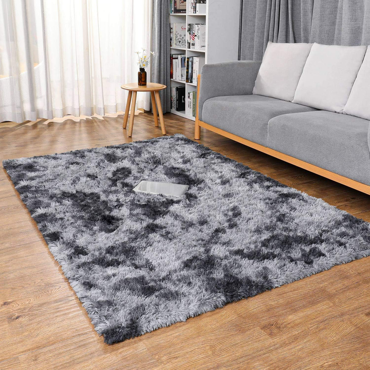 Ophanie Soft Fluffy Shaggy Area Rug - Stylish Tie-Dyed Black & Light Grey | 4x6 Ft for Bedroom & Living Room